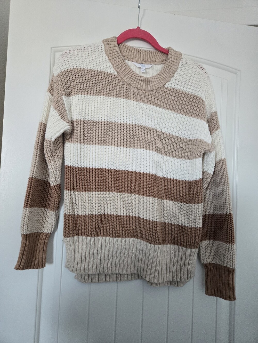 Time and Tru Ribbed Knit Crewneck Sweater in Cream and Tan